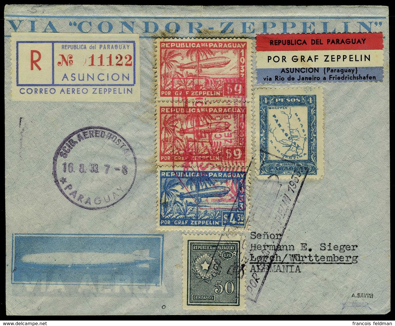 Lettre N° 63, 64 X 2 + TP 247 Et 268 Sur LR Enveloppe Illustrée Zeppelin D'Asuncion 16.8.33, Cachets Illustrés Rouge Et  - Other & Unclassified