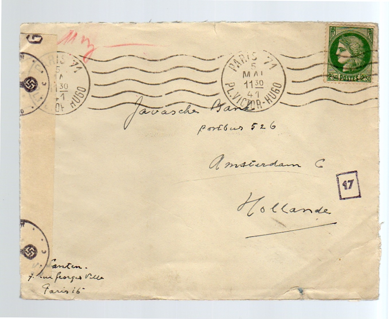 Nazi-censor 1941 Paris-Place Victor Hugo > Amsterdam (123) - Lettres & Documents