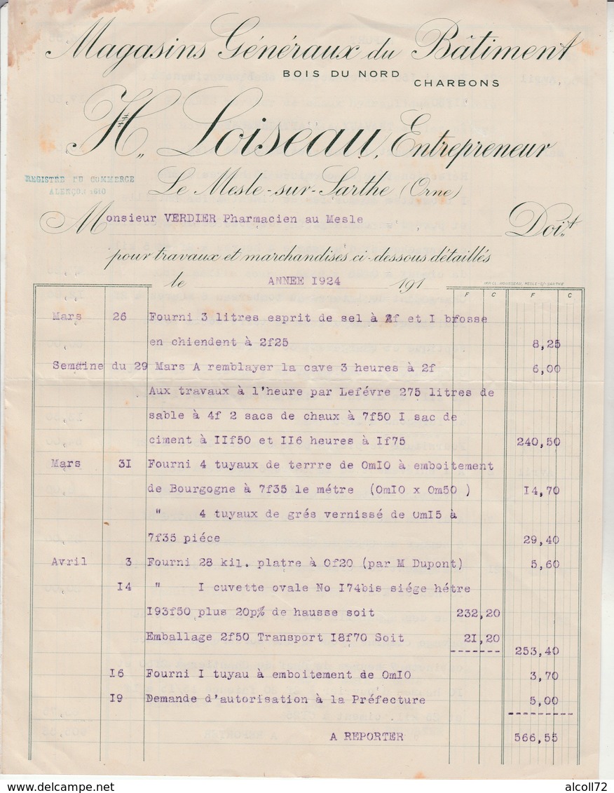 Facture Double-Magasins Généraux Du BatimentH Loiseau-Le Mesle Sur Sarthe-Facture Mr Verdier Pharmacien. - Le Mêle-sur-Sarthe