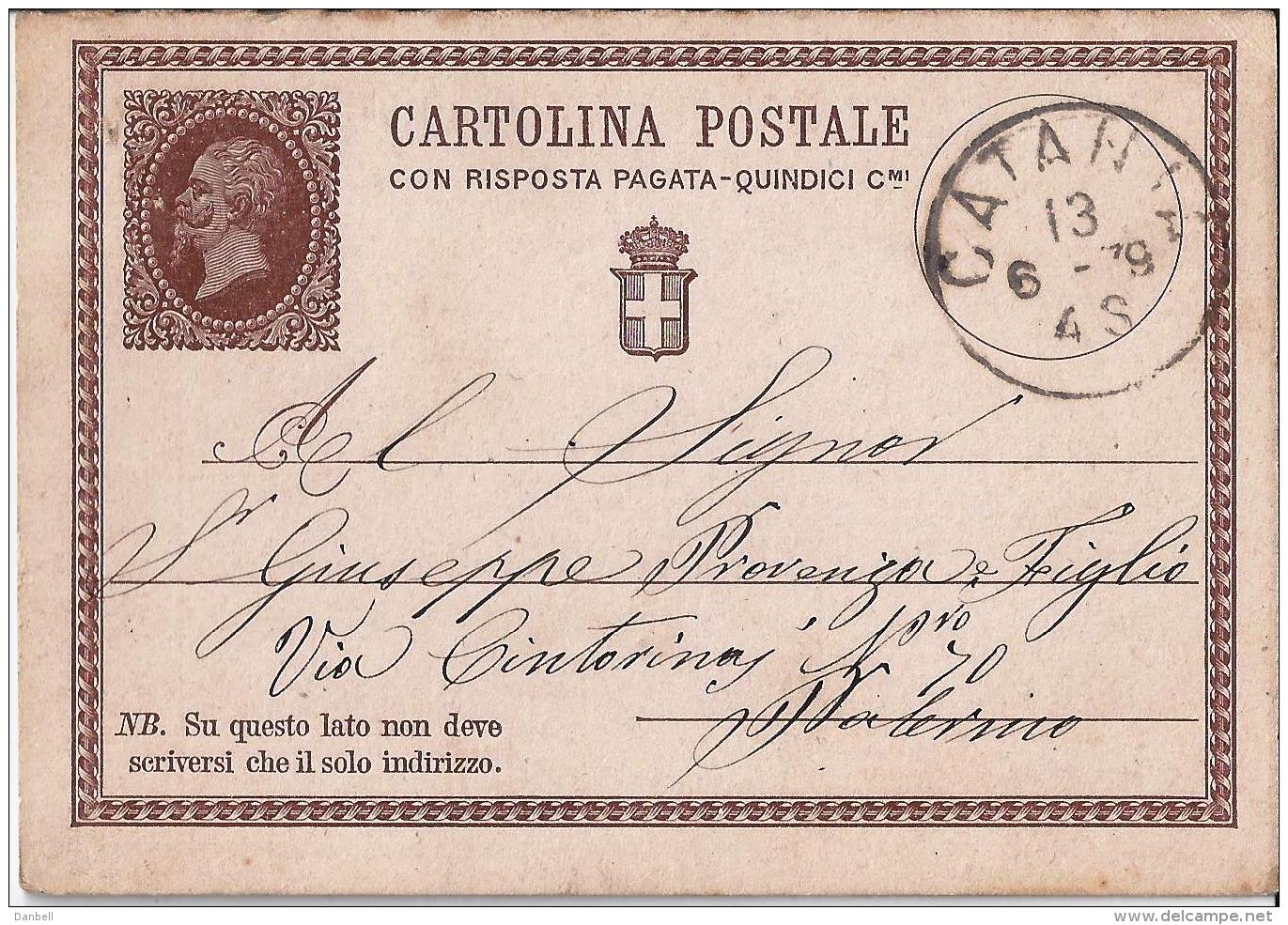 MG115) ITALIA REGNO 1879 - CP Risposta Pagata 15 Cent.Timbro CATANIA - Interi Postali