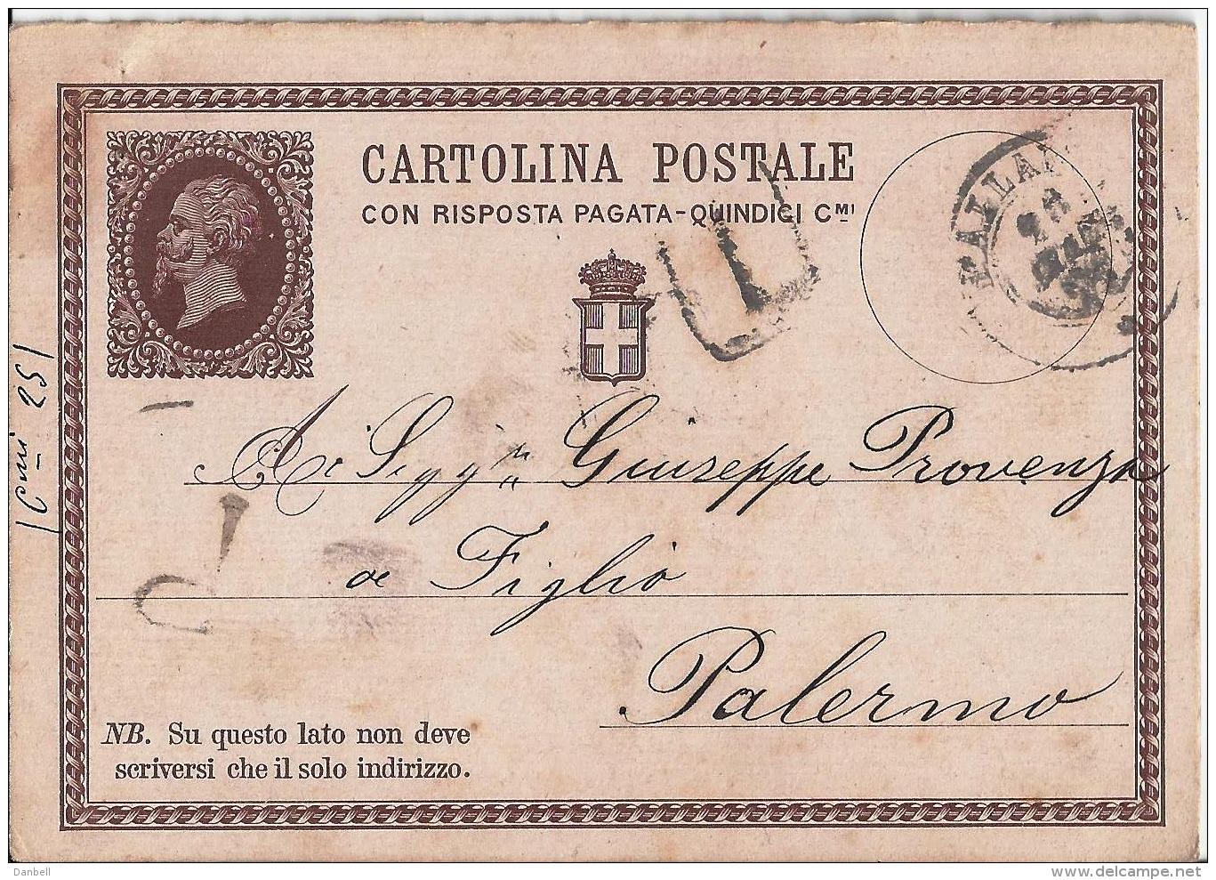 MG116) ITALIA REGNO 1877- CP Risposta Pagata 15 Cent. Timbro Doppio Cerchio PALLANZA - Entiers Postaux