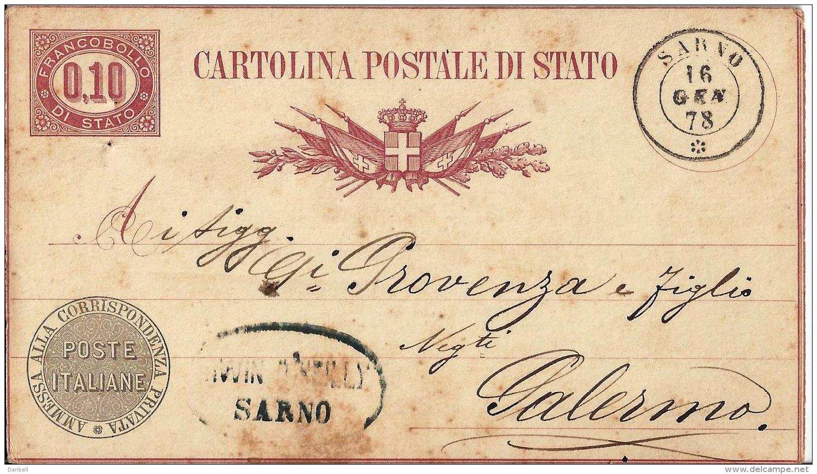 MG120) ITALIA REGNO- 1878 CP Di Servizio Timbro Doppio Cerchio SARNO Con Timbro Commerciale - Stamped Stationery