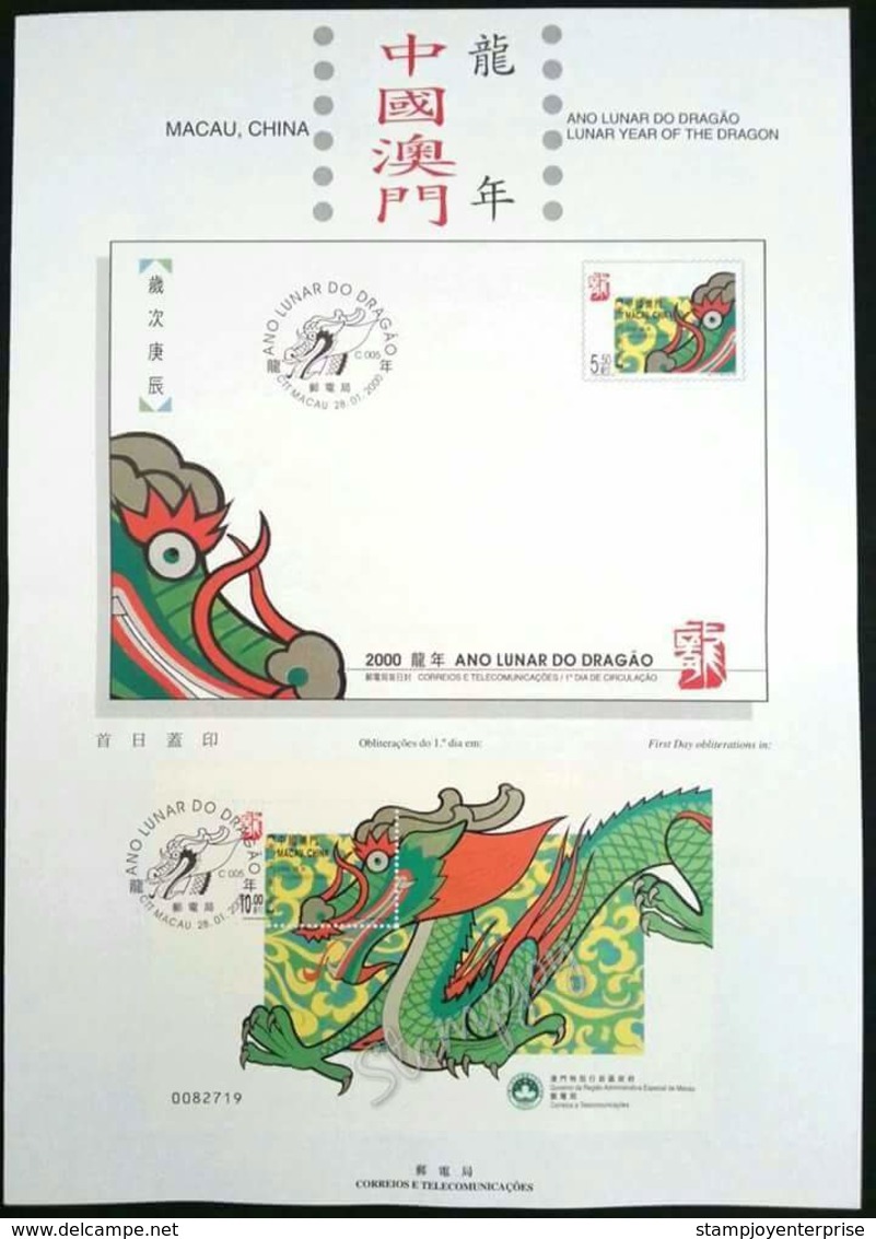 Macao Macau China Year Of Dragon 2000 Chinese Zodiac Lunar (miniature Sheet On Info Sheet) - Lettres & Documents