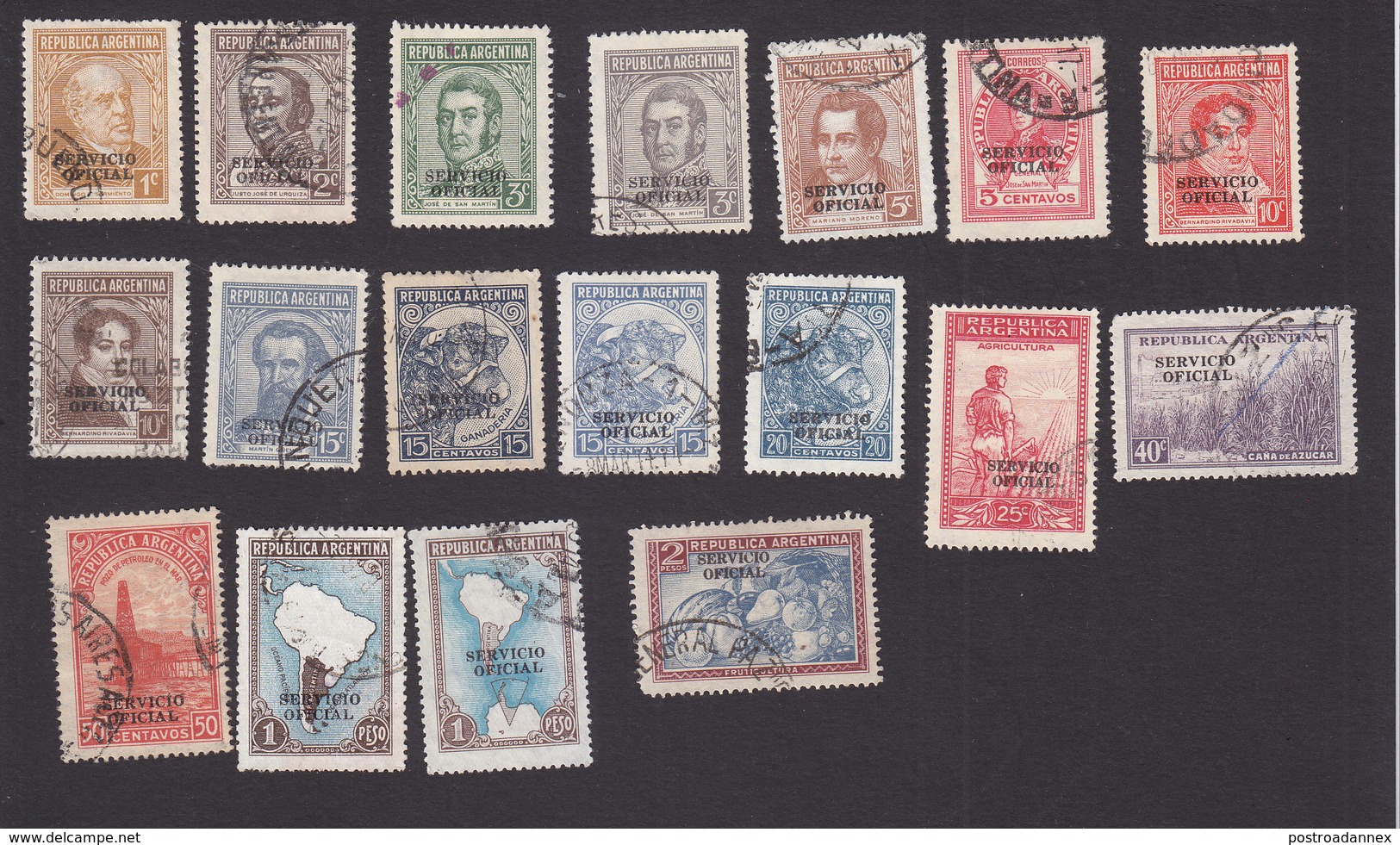 Argentina, Scott #O37-O53, Used, Regular Issues Overprinted, Issued 1938-54 - Service