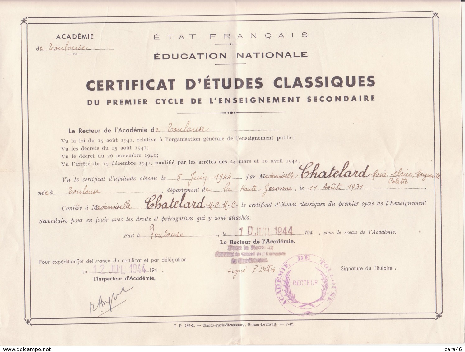 Diplôme - Certificat D'études Classiques Du Premier Cycle Enseignement Secondaire De M. CHATELARD Anne Claire.......... - Diploma & School Reports