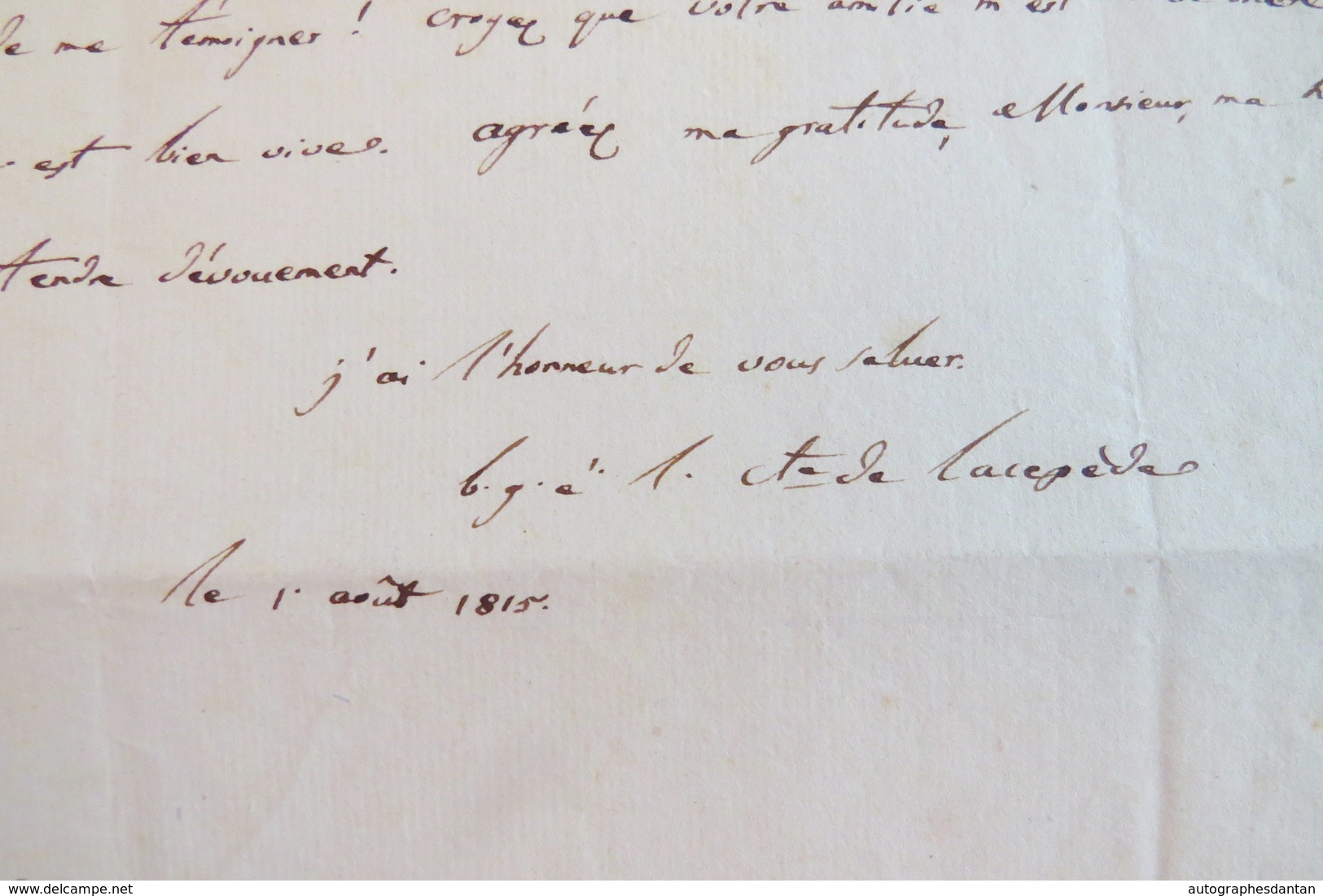 L.A.S 1815 Comte De LACEPEDE Politique & Zoologiste Né à Agen - à M. Desmaret - Cachet Cire Rouge Lettre Autographe LAS - Autres & Non Classés