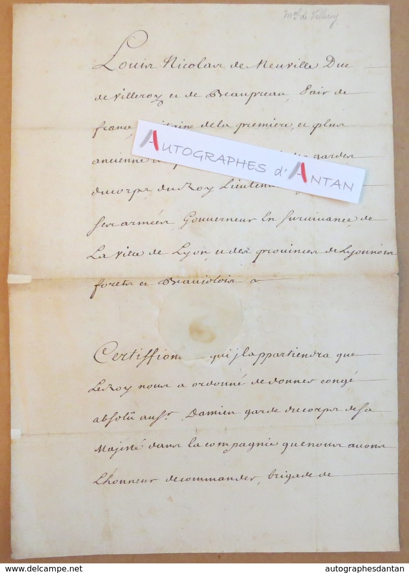 Lettre 1715 Louis Nicolas VI DE NEUVILLE Duc De VILLEROY & Beaupreau Brigade Montesson Lyon Forez Autographe Le Pescheux - Autres & Non Classés