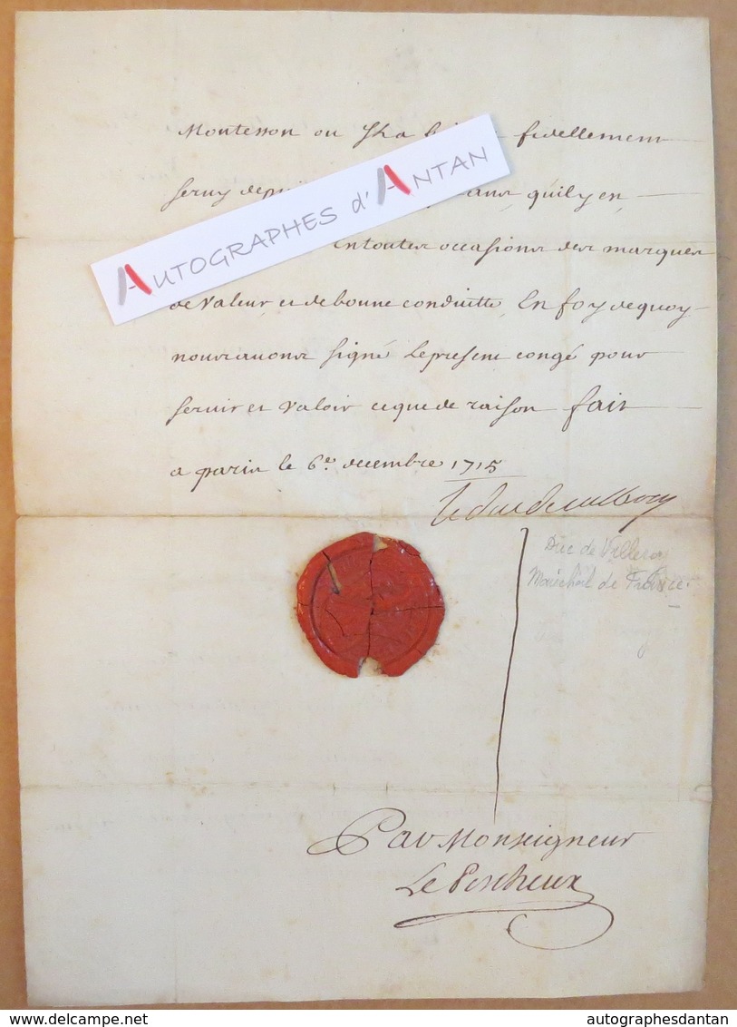 Lettre 1715 Louis Nicolas VI DE NEUVILLE Duc De VILLEROY & Beaupreau Brigade Montesson Lyon Forez Autographe Le Pescheux - Autres & Non Classés