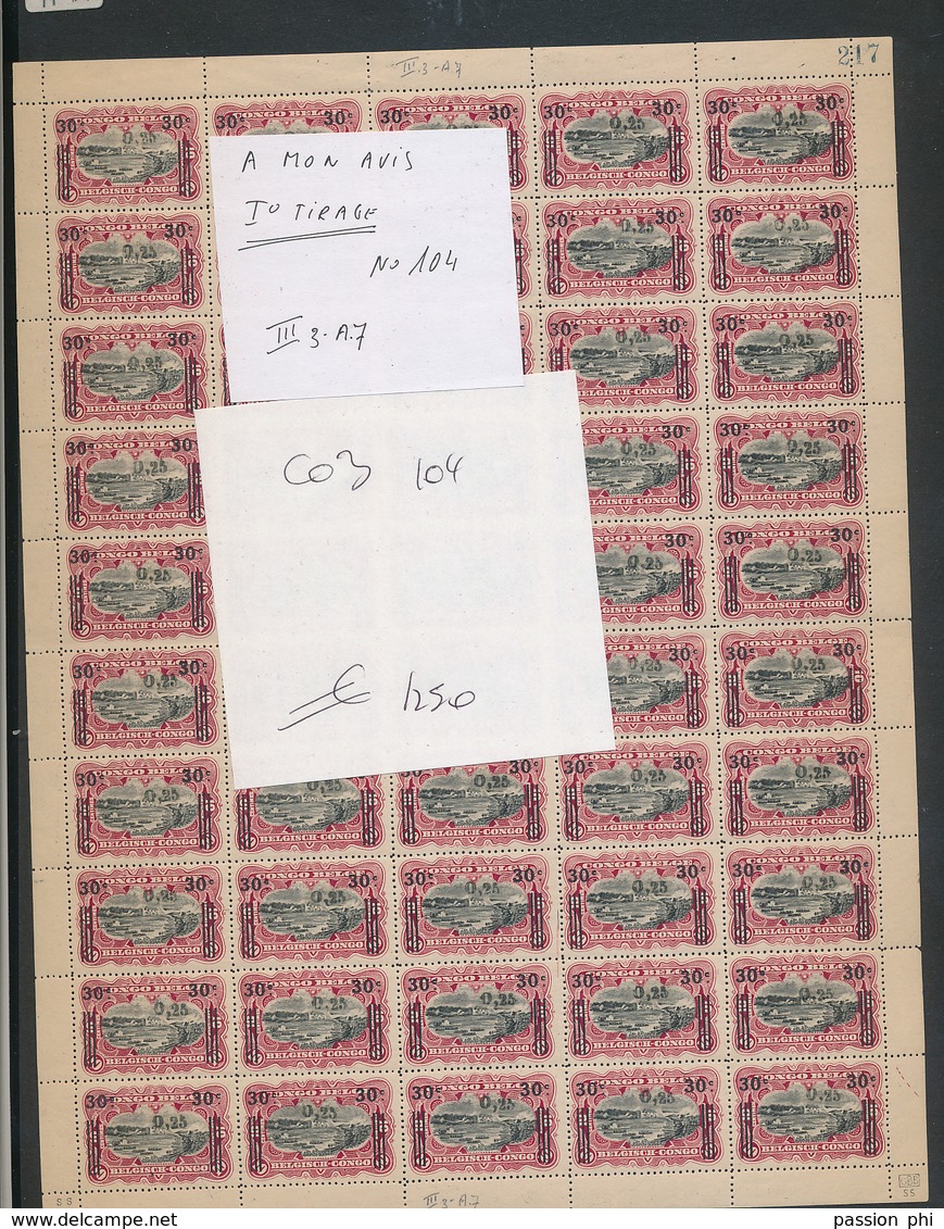 BELGIAN CONGO COMPLETE SHEET COB 104 FIRST PRINTING III3+A7 MNH - Feuilles Complètes