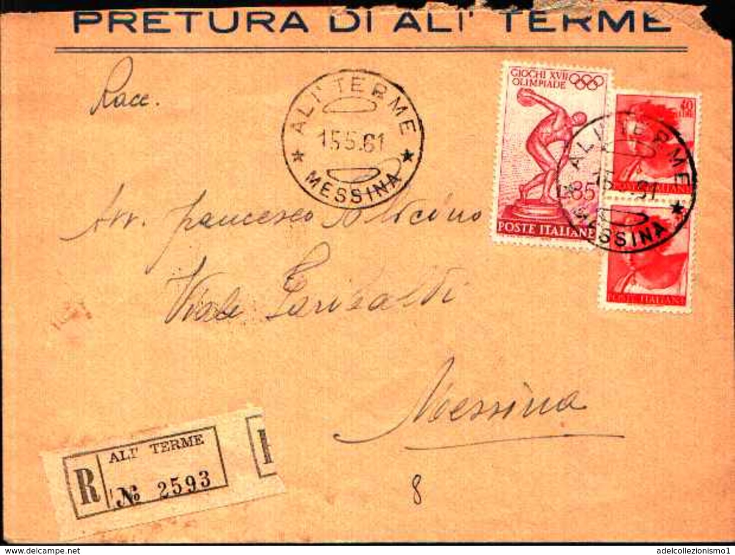 87515) Lettera Con 35l.Giochi Della XVII Olimpiade+2x40l. Michelangiolesca Da Alì Terme A Messina Il-15/5/1961 - 1946-60: Storia Postale