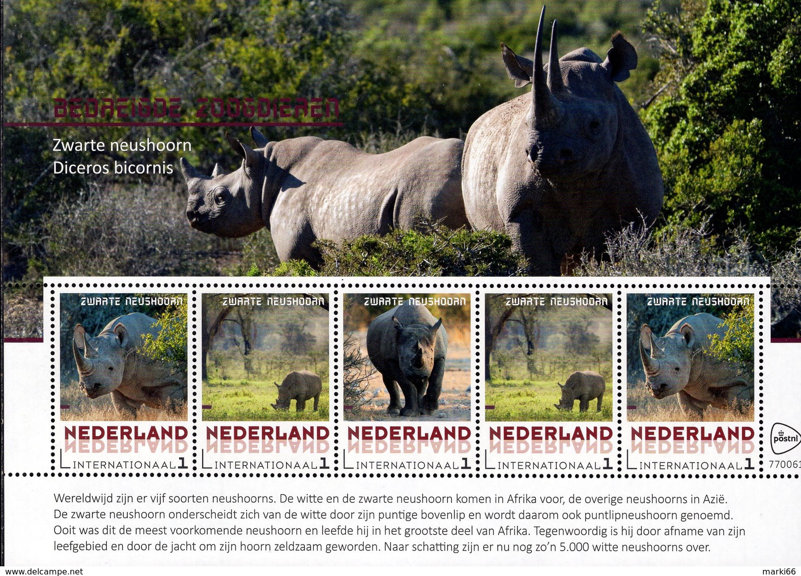 Netherlands - 2018 - Endangered Mammals - Black Rhinoceros - Mint Souvenir Sheet - Neufs