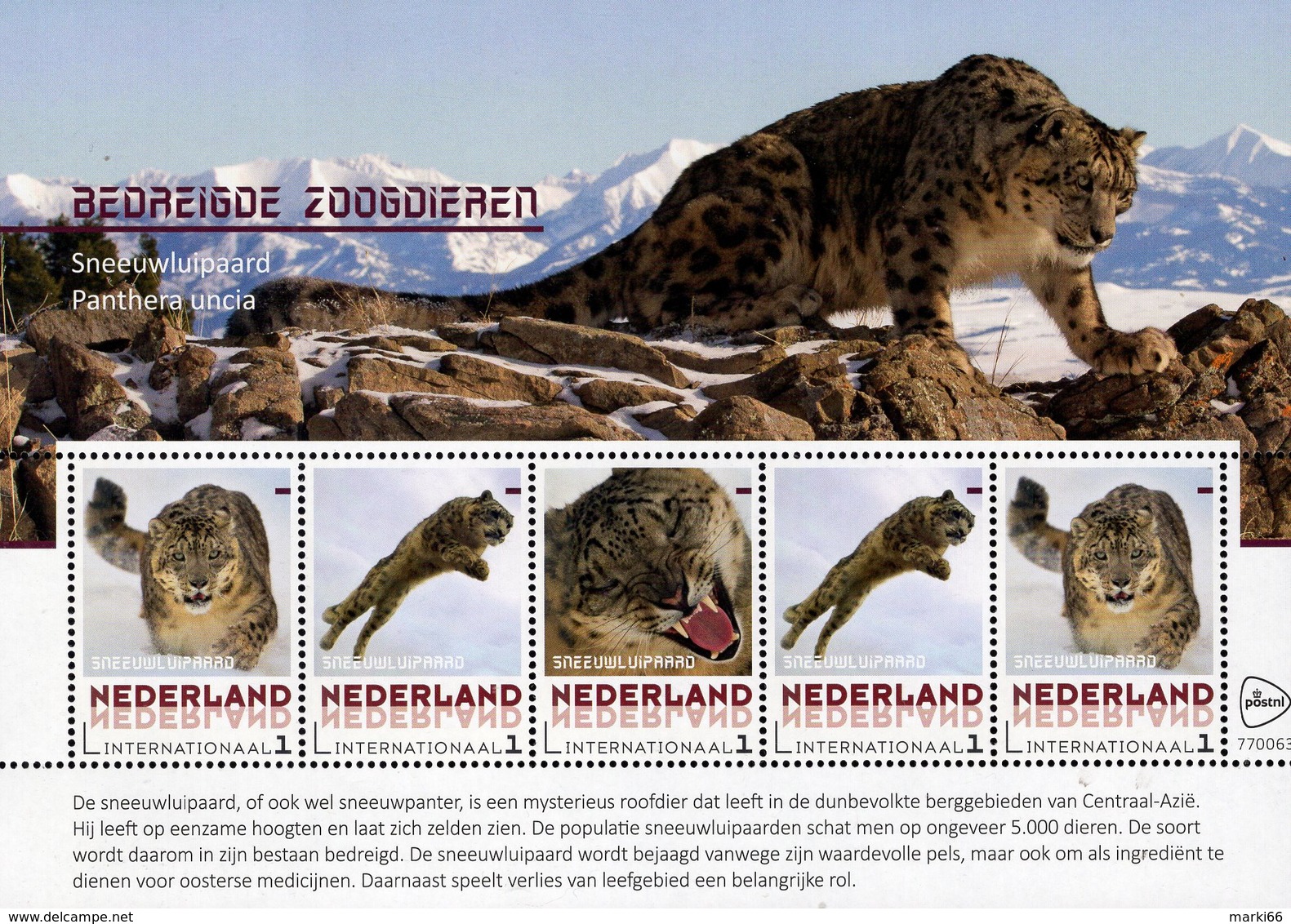 Netherlands - 2018 - Endangered Mammals - Snow Leopard - Mint Souvenir Sheet - Sonstige & Ohne Zuordnung