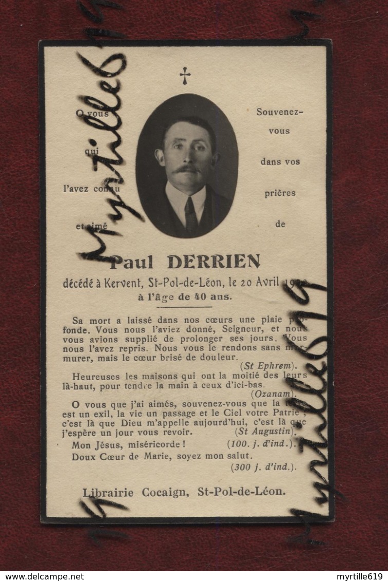 Faire-part De Décès - (1930) - Kervent - Saint-Pol De Léon - Memento - Paul Derrien - Obituary Notices