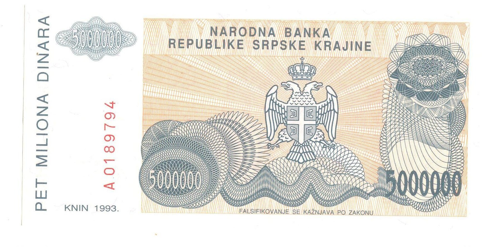 Croatia RSK Knin  5.000.000  Dinara  1993 UNC SET 10 Pcs - Croatie