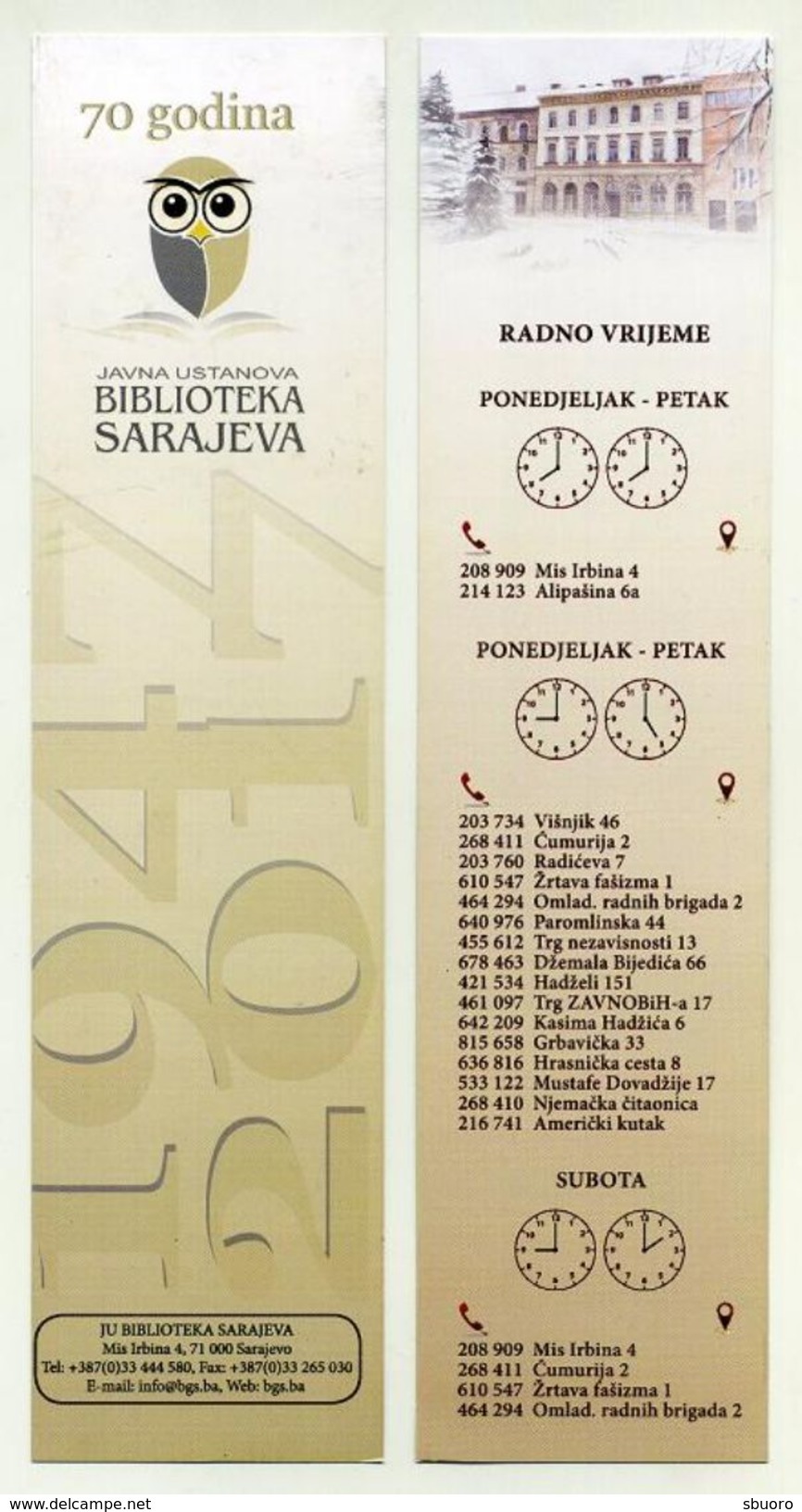 Chouette Sur Marque-page. Owl On Bookmark. 70 Ans Bibliothèque Sarajevo. 70 Years Sarajevo Library. - Segnalibri