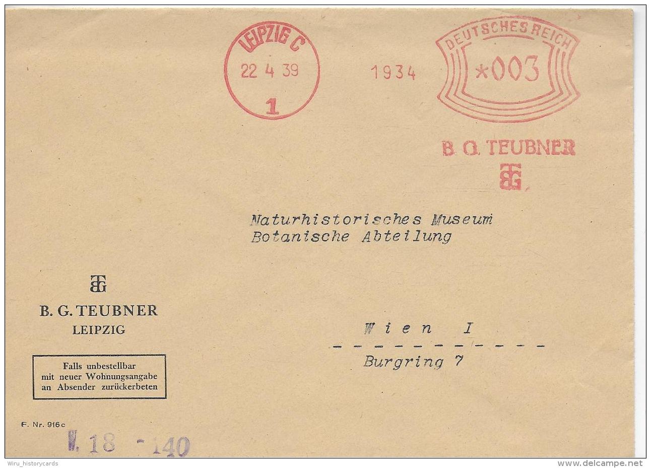 B1  Drucksache Deutsche Reichspost - B. G. Teubner , Leipzig Nach Wien 1939 - Briefe U. Dokumente