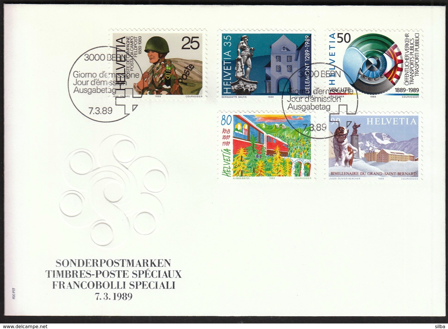 Switzerland Bern 1989 / Anniversaries, Feldpost, Delemont, Public Transportation, Railway, St. Bernard Pass / FDC - FDC