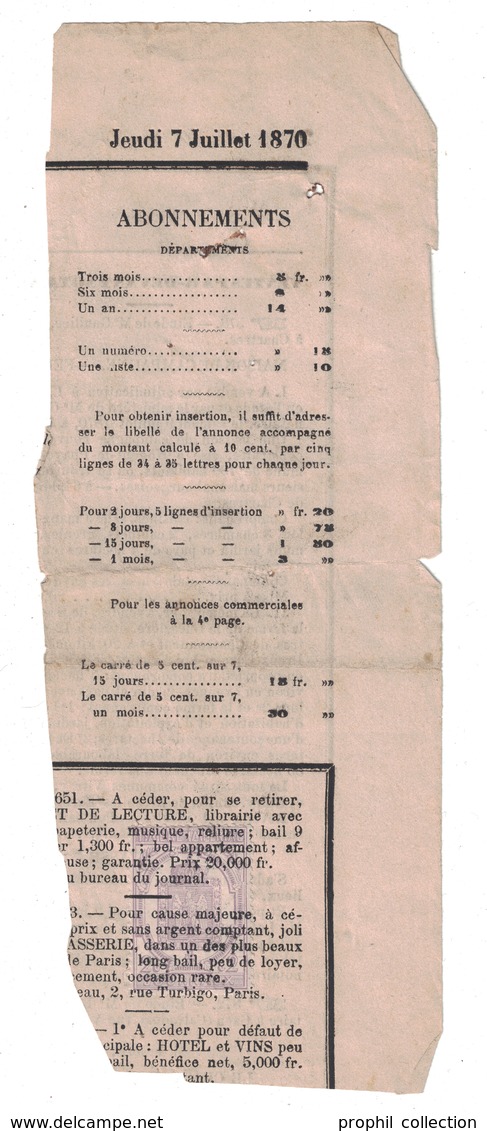 TIMBRE Pour JOURNAUX N° 7 (2c VIOLET) SUR GRAND FRAGMENT De JOURNAL De JUILLET 1870 Avec OBLITERATION TYPOGRAPHIQUE - Kranten