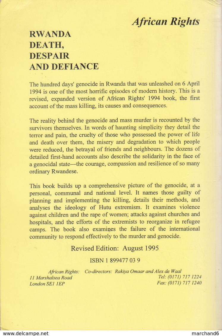 Afrique Rwanda Death Despair And Defiance African Rights Revised  édition 1995 - Kultur