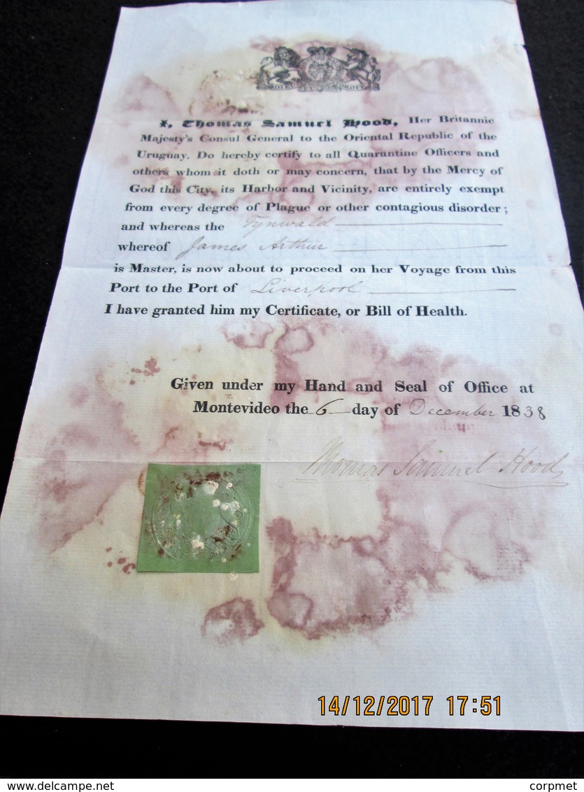 UNITED KINGDOM -  1838 BILL OF HEALTH From Uruguay Consul For A British Ship Travelling To Liverpool - Historical Documents