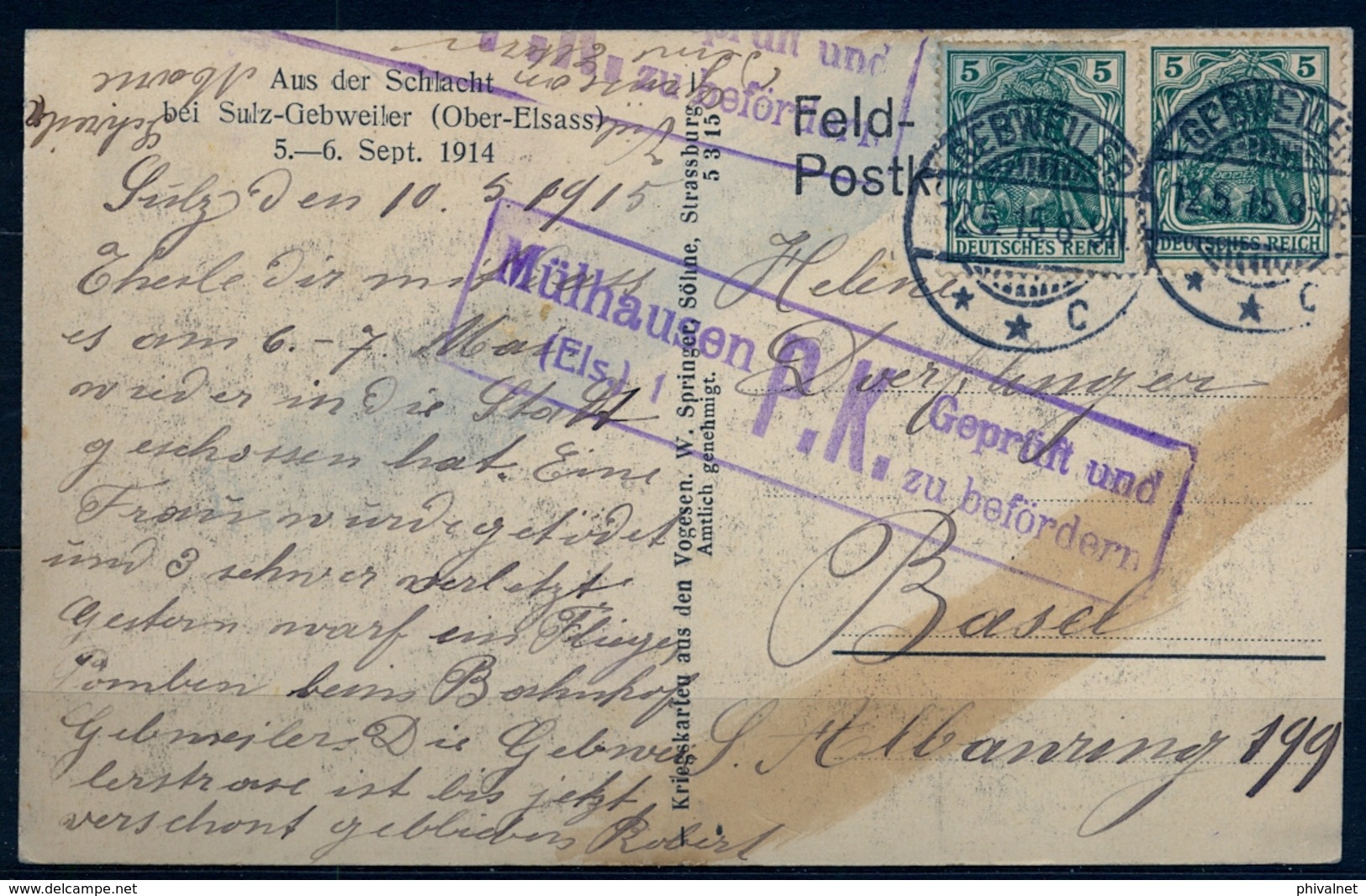 1915 , ALEMANIA , GEBWEILER - BASILEA , TARJETA POSTAL CIRCULADA , CENSURA - MÜLHAUSEN - Cartas & Documentos