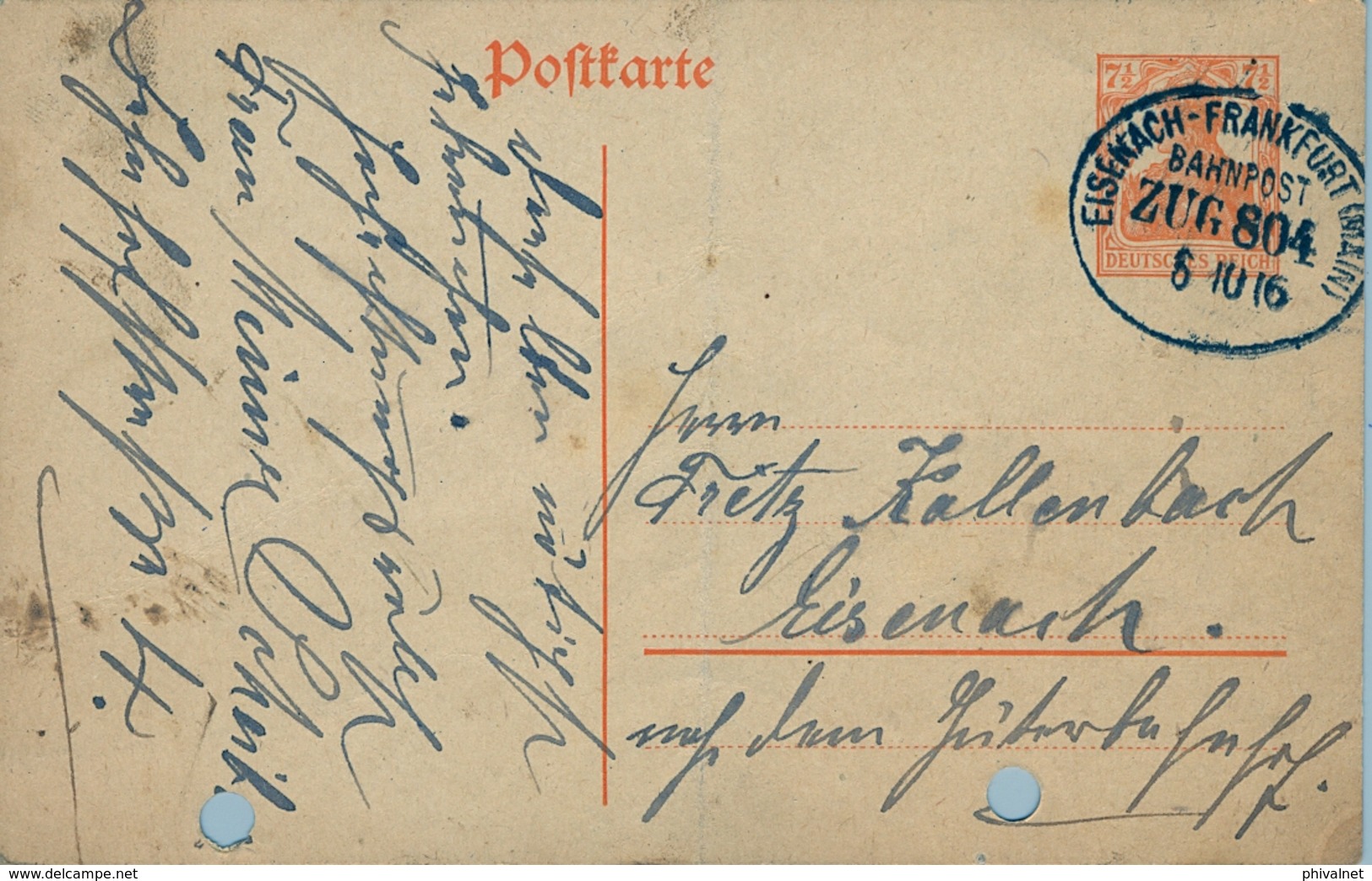 1916 , ALEMANIA , ENTERO POSTAL CIRCULADO , MAT. EISENACH - FRANKFURT / BAHNPOST - Cartas & Documentos