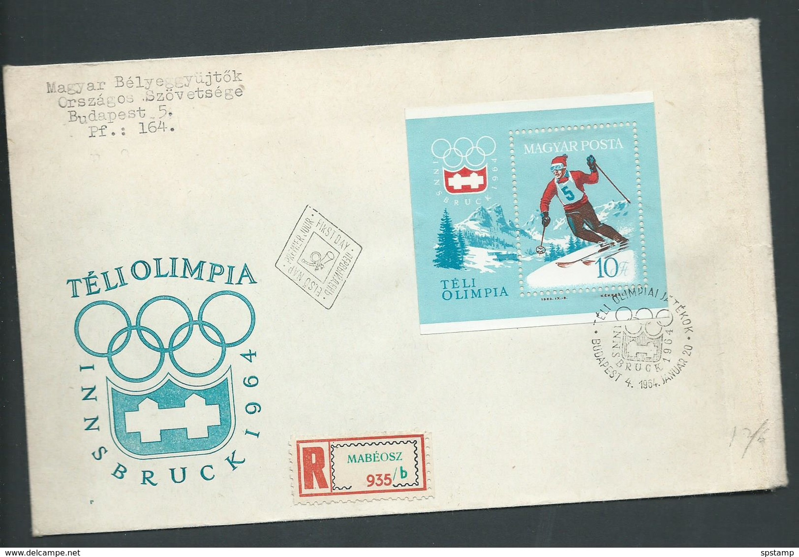 Hungary 1964 Innsbruck Winter Olympics Min Sheet On Registered FDC - Covers & Documents