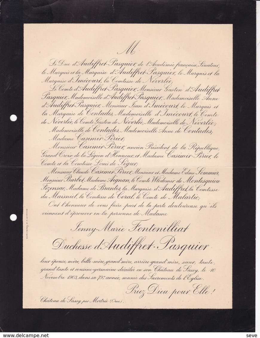 Château De SASSY Par MORTREE ORNE Jenny FONTENILLIAT Duchesse D'AUDRIFFET-PASQUIER 79 Ans 1903 CASIMIR-PERIER - Décès