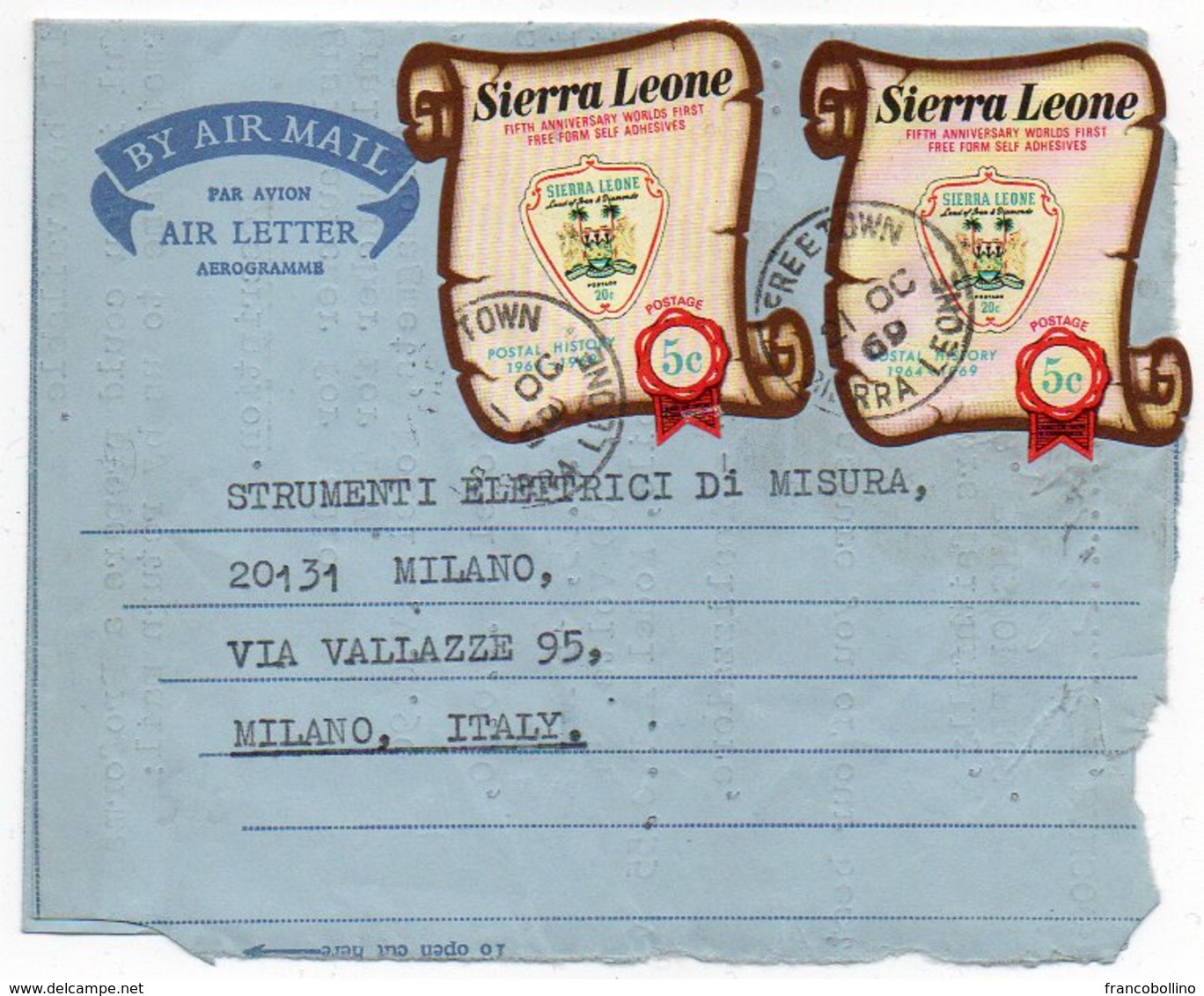 SIERRA LEONE - AIR LETTER/AEROGRAMME TO ITALY 1969 / THEMATIC STAMPS-POSTAL HISTORY - Sierra Leone (1961-...)