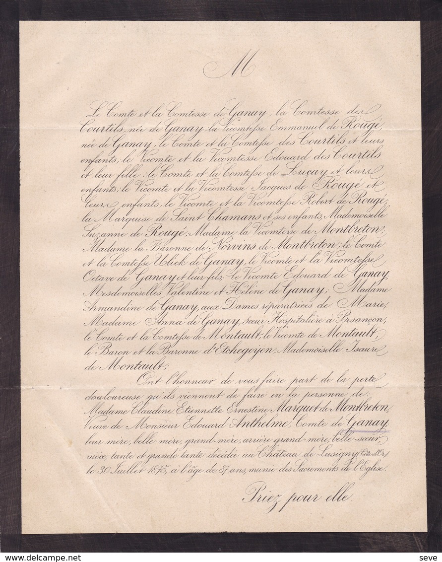 Château De LUSIGNY Côte D'Or Claudine MARQUET De MONTBRETON Veuve Anthelme Comte De GANAY 87 Ans 1875 - Esquela