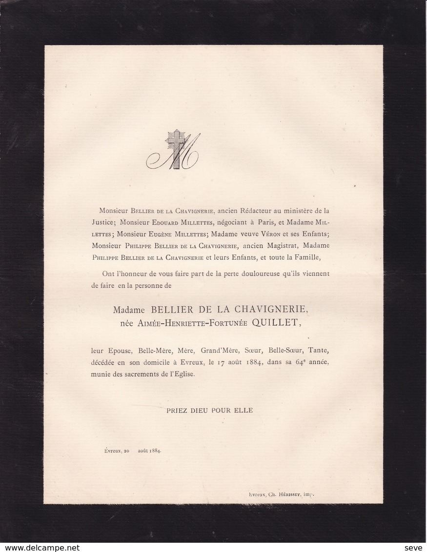 EVREUX Aimée QUILLET épouse BELLIER De La CHAVIGNERIE 64 Ans 1884 Famille MILLETTES - Décès