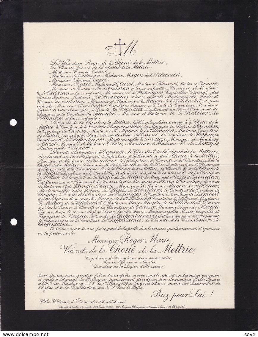 Villa VIVIANE DINARD Roger Vicomte De La CHOUE De La METTRIE 62 Ans 1907 Officier Cavalerie De CADARAN - Décès