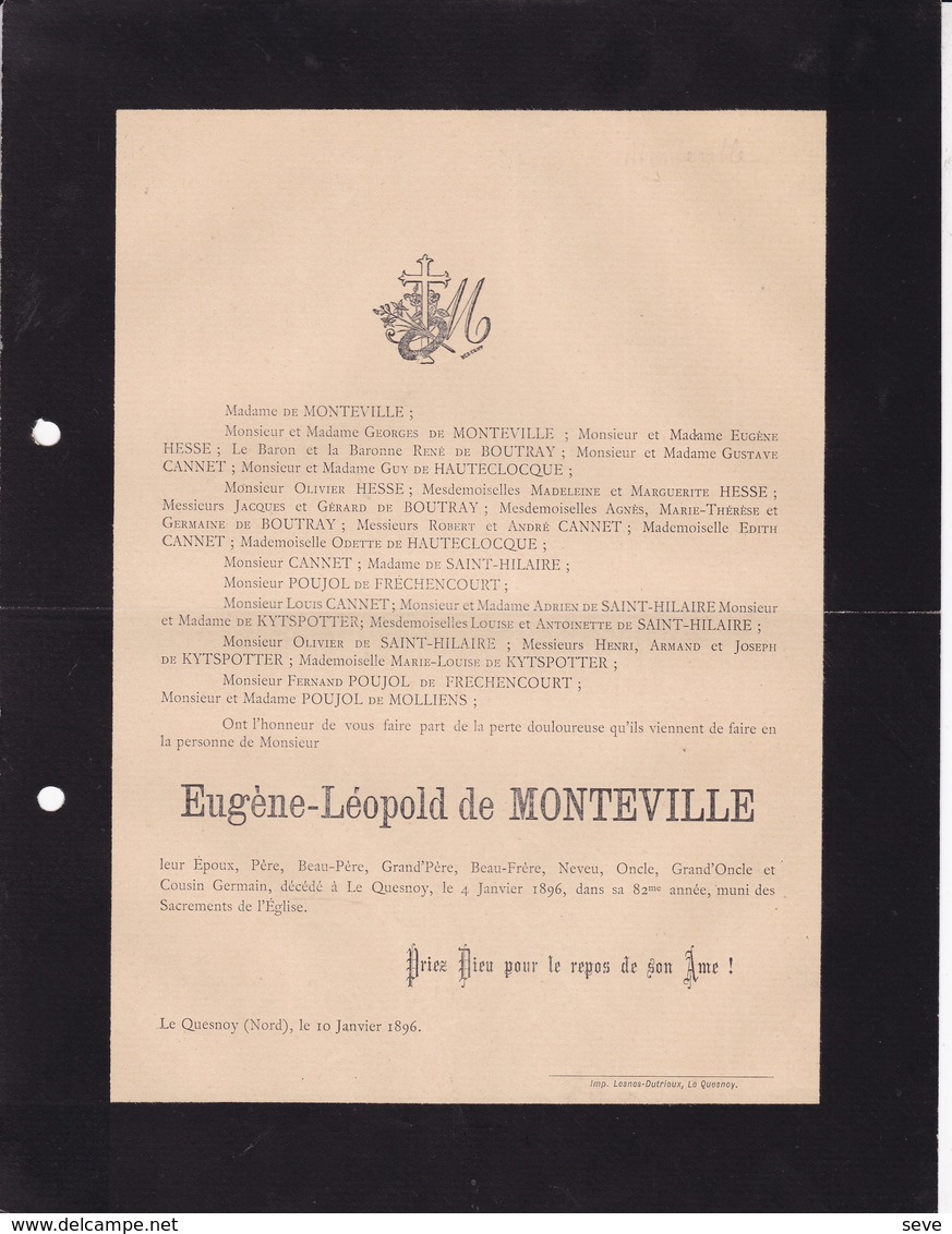 LE QUESNOY Eugène-Léopold De MONTEVILLE 82 Ans 1896 Famille De BOUTRAY De HAUTECLOCQUE De SAINT-HILAIRE POUJOL - Décès