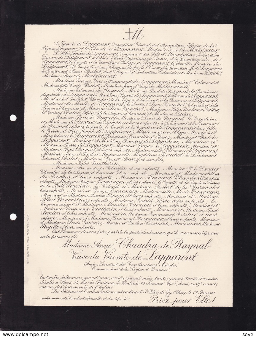 ST ELOY De GY Cher Anne CHAUDRU De RAYNAL 89 Ans 1905 Veuve Vicomte De LAPPARENT Ancien Directeur Constructions Navales - Décès