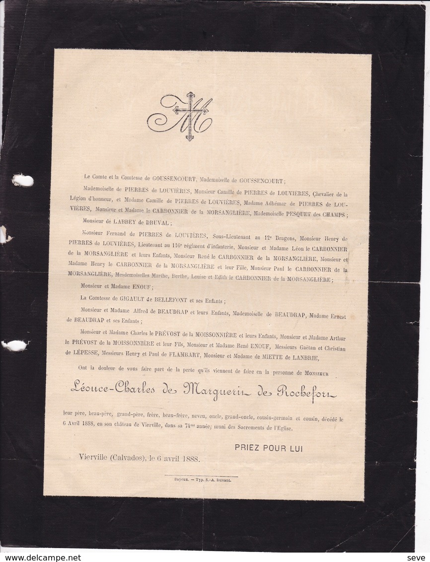 VIERVILLE Calvados Léonce-Charles De MARGUERIT De ROCHEFORT 74 Ans 1888  De GOUSSENCOURT De LABBEY De DRUVAL - Décès