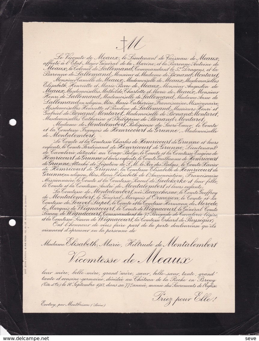 Château De La ROCHE En BRENY Elisabeth De MONTALEMBERT Vicomtesse De MEAUX 77 Ans 1913 HEMRICOURT De GRUNNE WIGNACOURT - Décès