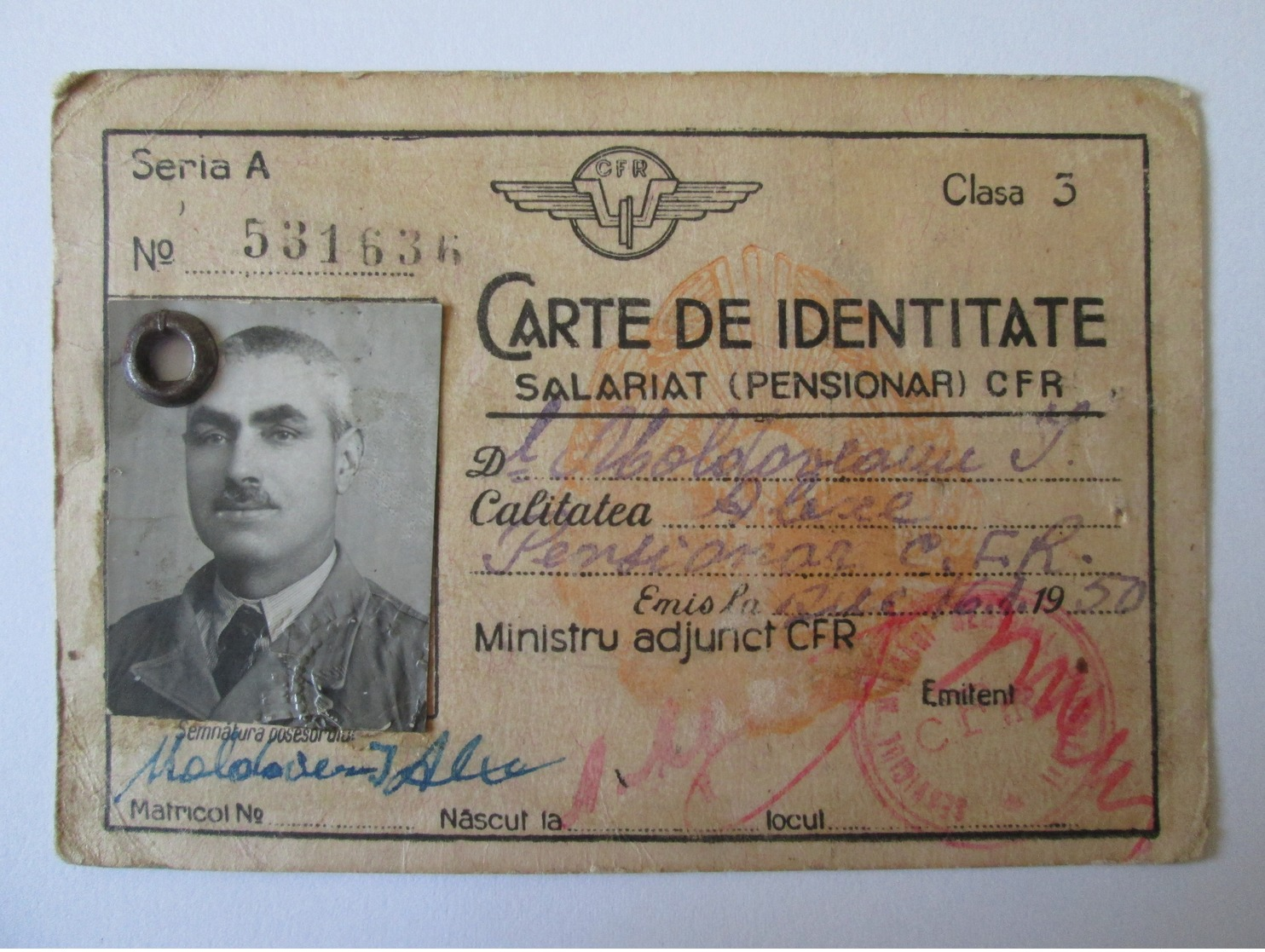 Identity Card For The Staff Of The Romanian Railways From 1950,size=106 X 73 Mm - Europe