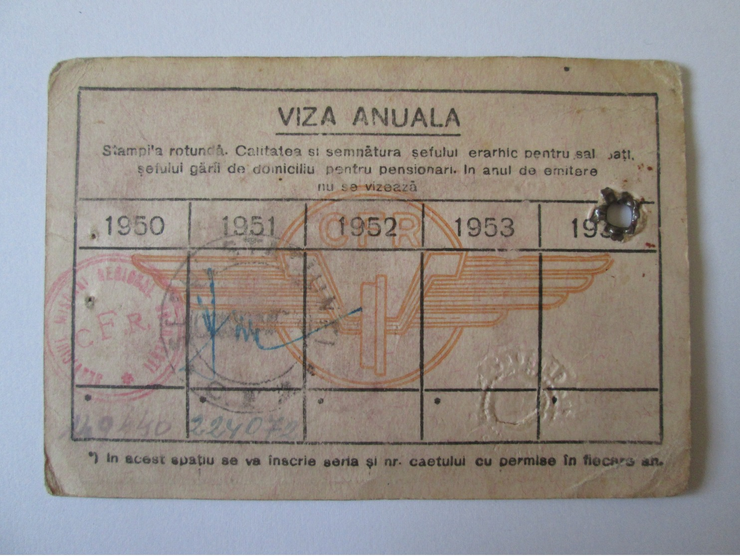 Identity Card For The Staff Of The Romanian Railways From 1950,size=106 X 73 Mm - Europa