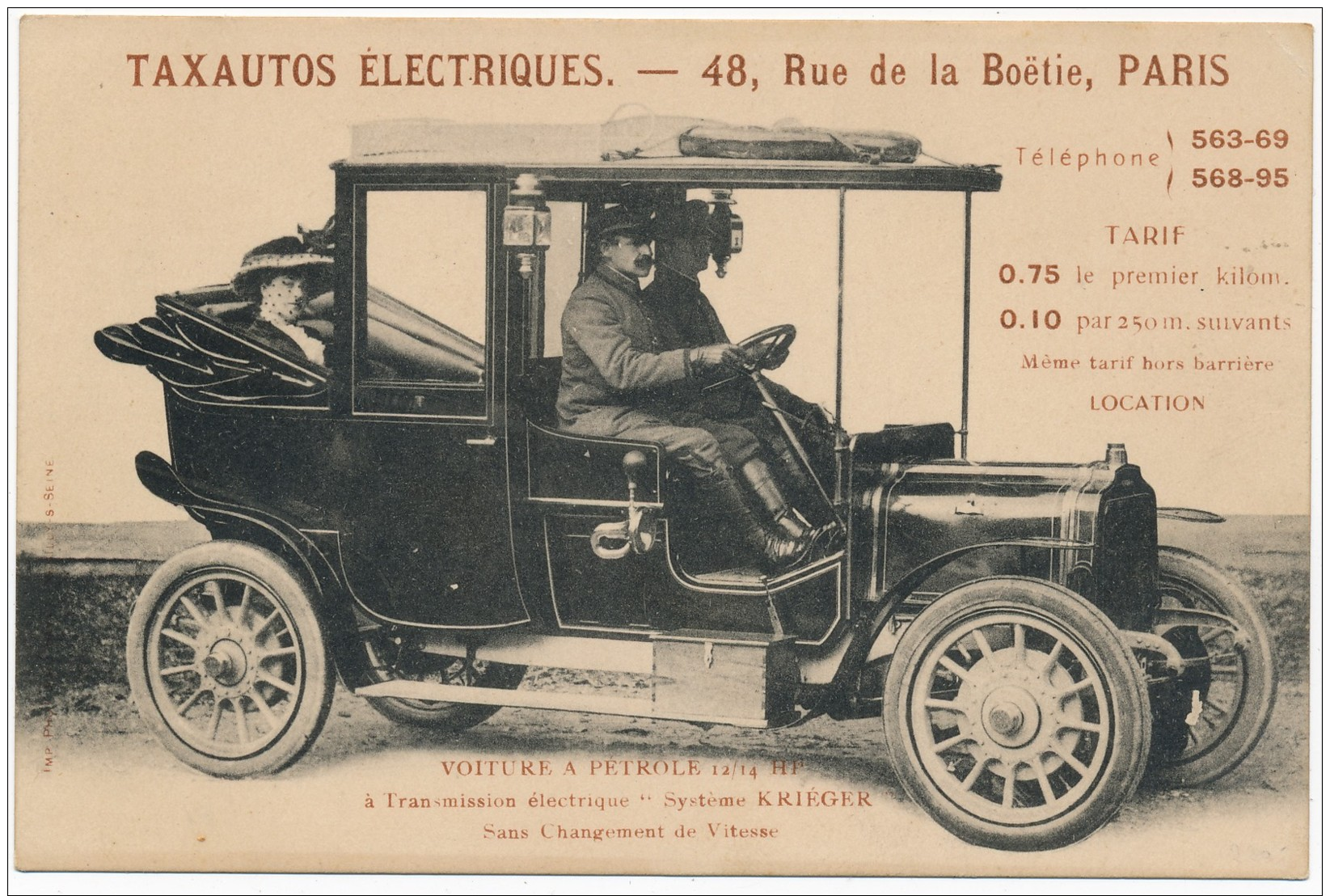 H113 - AUTOMOBILE - Taxautos Électriques - 48 Rue De La Boëtie Paris - Voiture à Pétrole à Transmission Kriéger - Camion, Tir