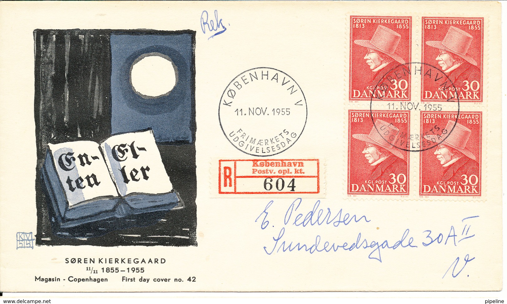 Denmark FDC 11-11-1955 Soren Kierkegard In Block Of 4 With Nice Cachet - FDC