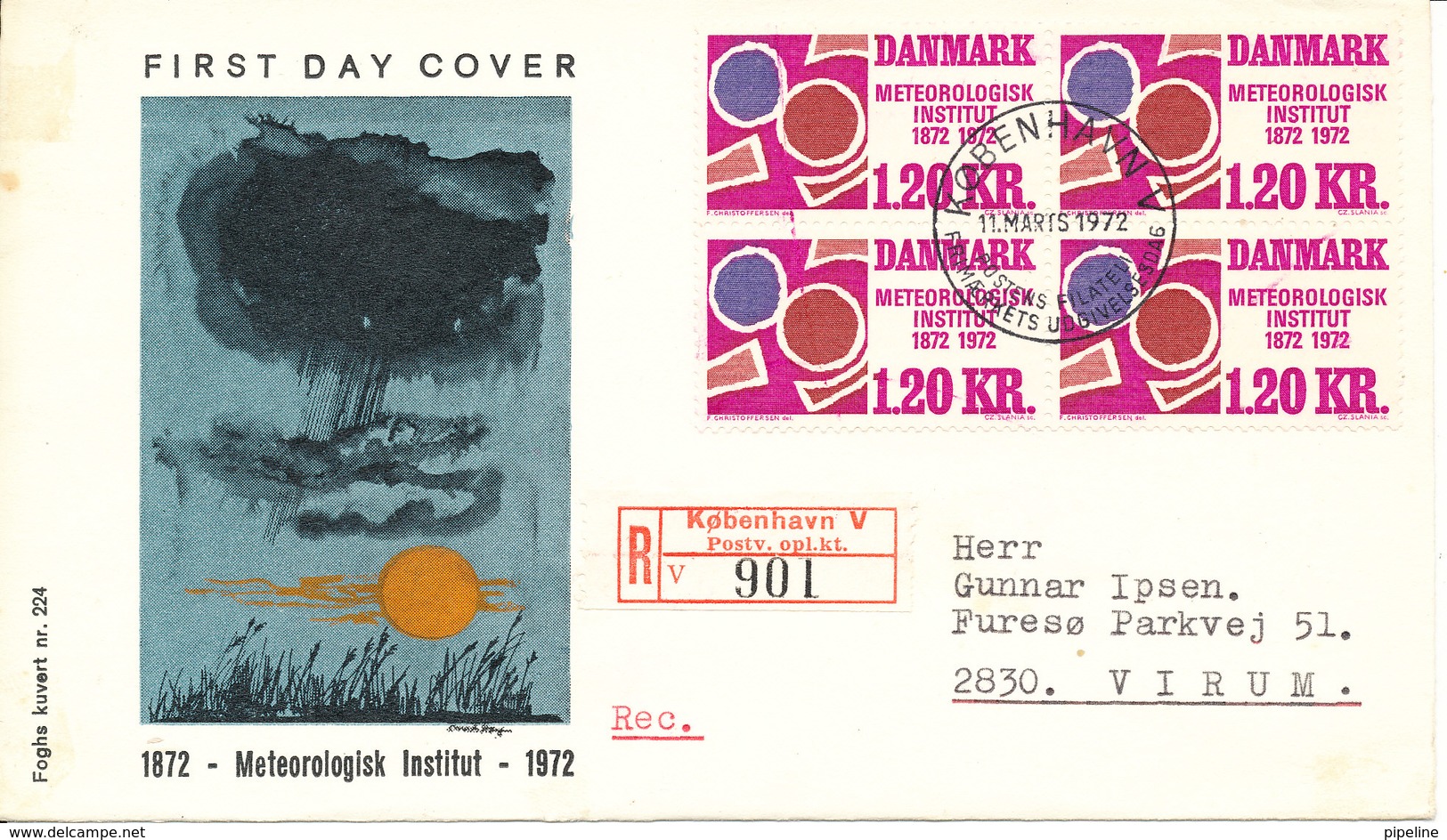 Denmark Registered FDC 11-3-1972 Meteorologycal Office In Block Of Four With Cachet - FDC