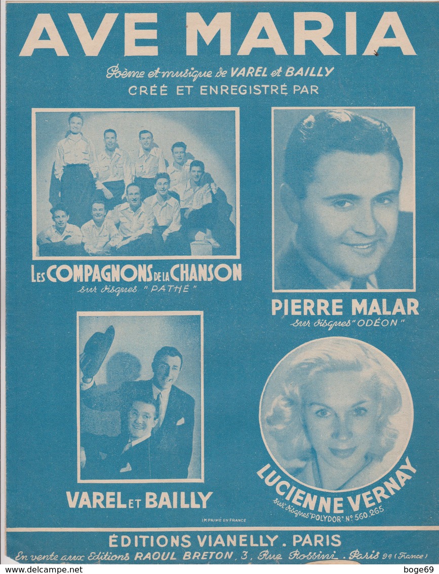 (RG1) AVE MARIA ,  LES COMPAGNONS DE LA CHANSON , PIERRE MALAR , Paroles Et Musique BAILY Et VAREL - Partitions Musicales Anciennes