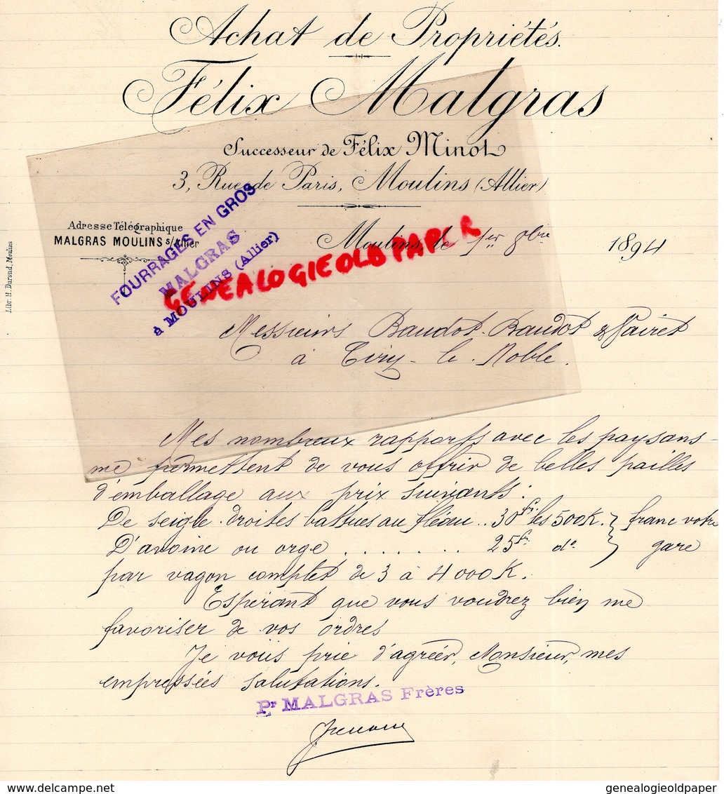 03- MONTLUCON - RARE LETTRE MANUSCRITE SIGNEE FELIX MALGRAS -FELIX MINOT-ACHAT DE PROPRIETES- 3 RUE DE PARIS-1894 - Petits Métiers