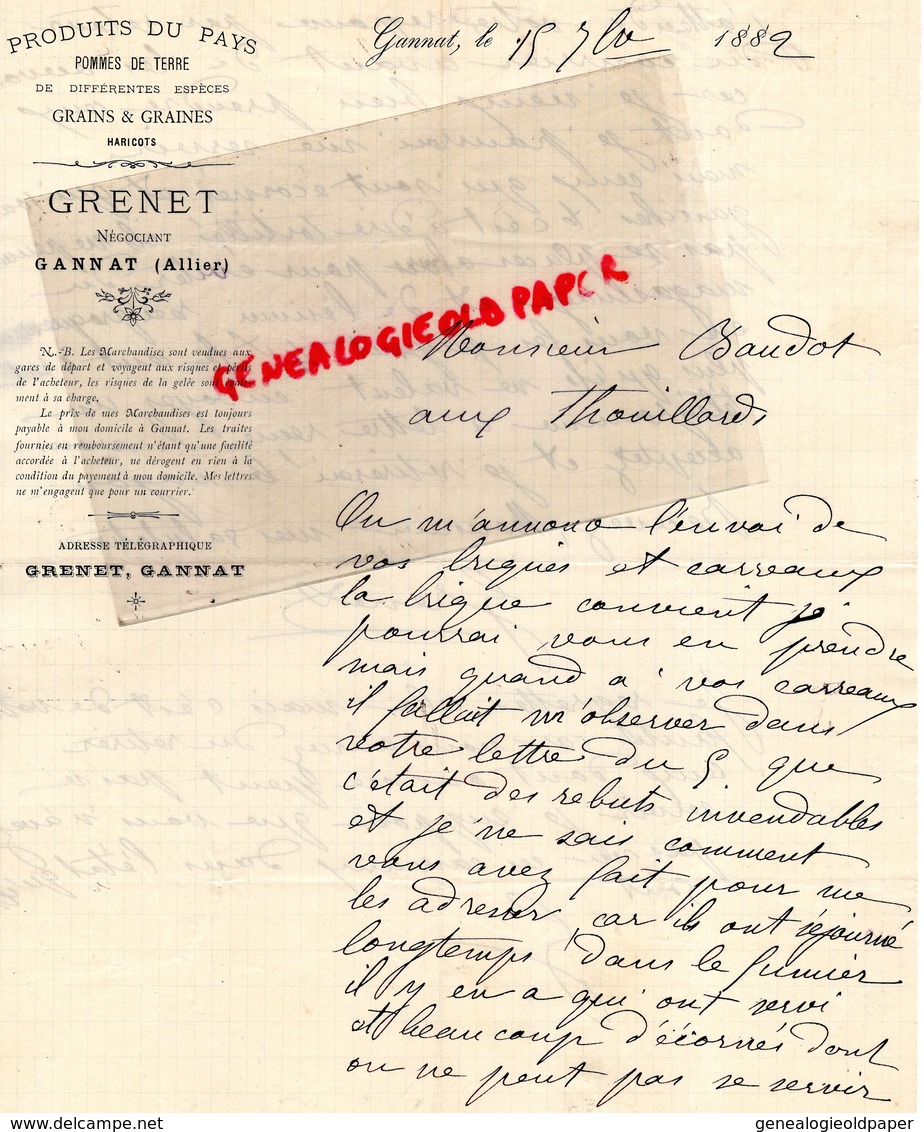 03- GANNAT- RARE LETTRE MANUSCRITE SIGNEE GRENET- NEGOCIANT PRODUITS DU PAYS- 1882 - Artesanos