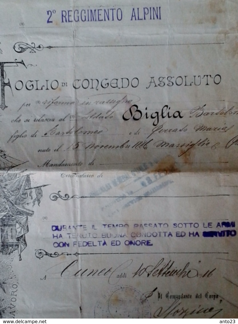 Congé Militaire 2 Régiment Alpin  1916 Cuneo Militaria - Documents