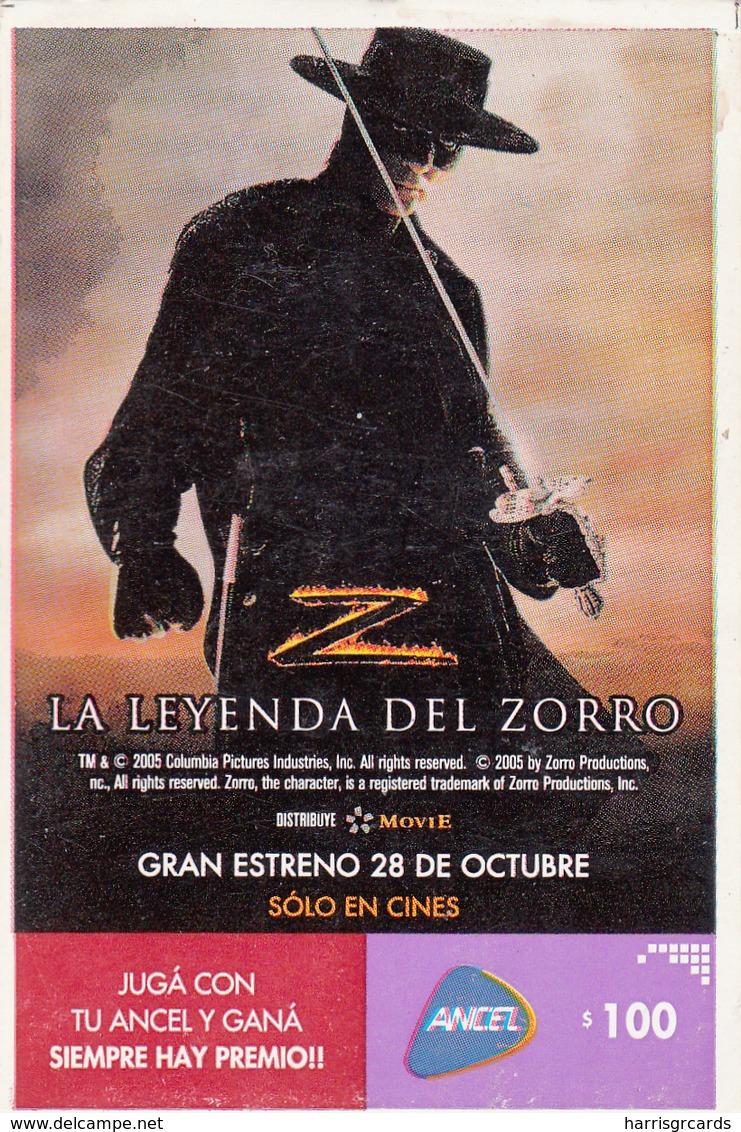 URUGUAY - The Legend Of Zorro , Antonio Banderas, 100 $ , ANCEL Maxi GSM Refill Card, Used - Uruguay