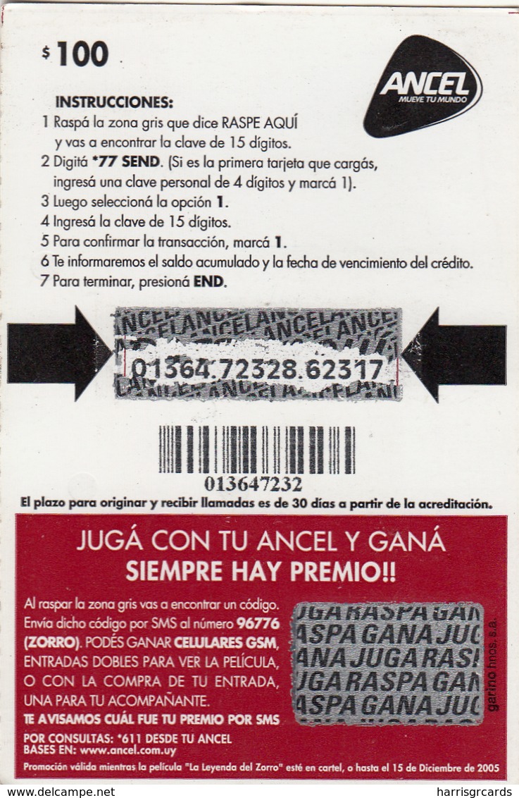 URUGUAY - The Legend Of Zorro , Antonio Banderas, 100 $ , ANCEL Maxi GSM Refill Card, Used - Uruguay