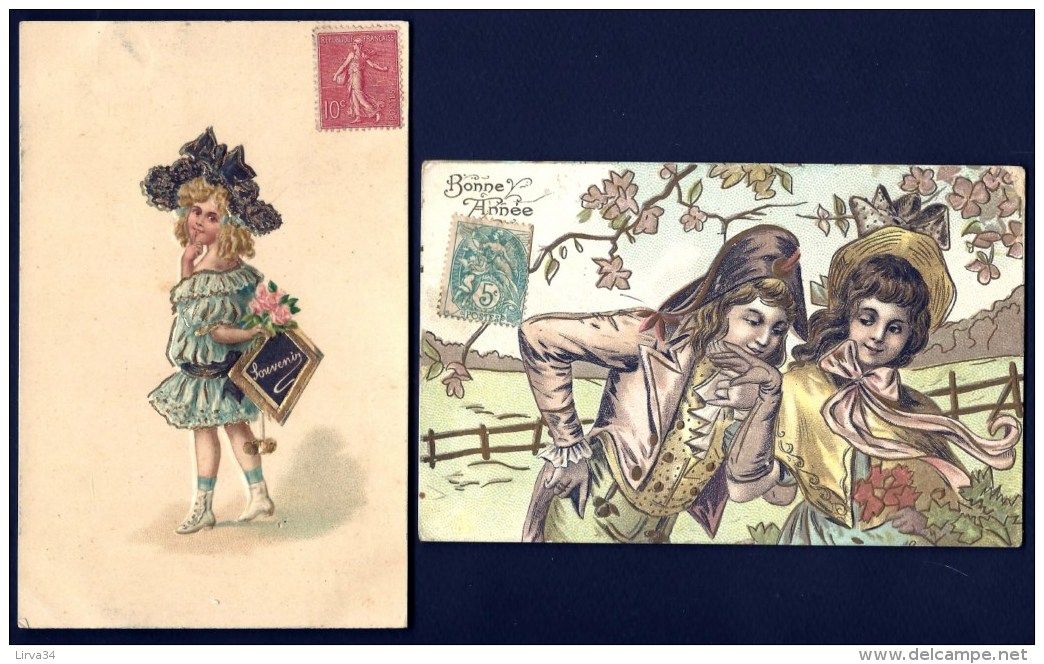 2 CPA ANCIENNES GAUFRÉES FRANCE- ILLUSTRATIONS D'ENFANTS EN COSTUME  ET COIFFE ANCIENS TEMPS- - Scènes & Paysages