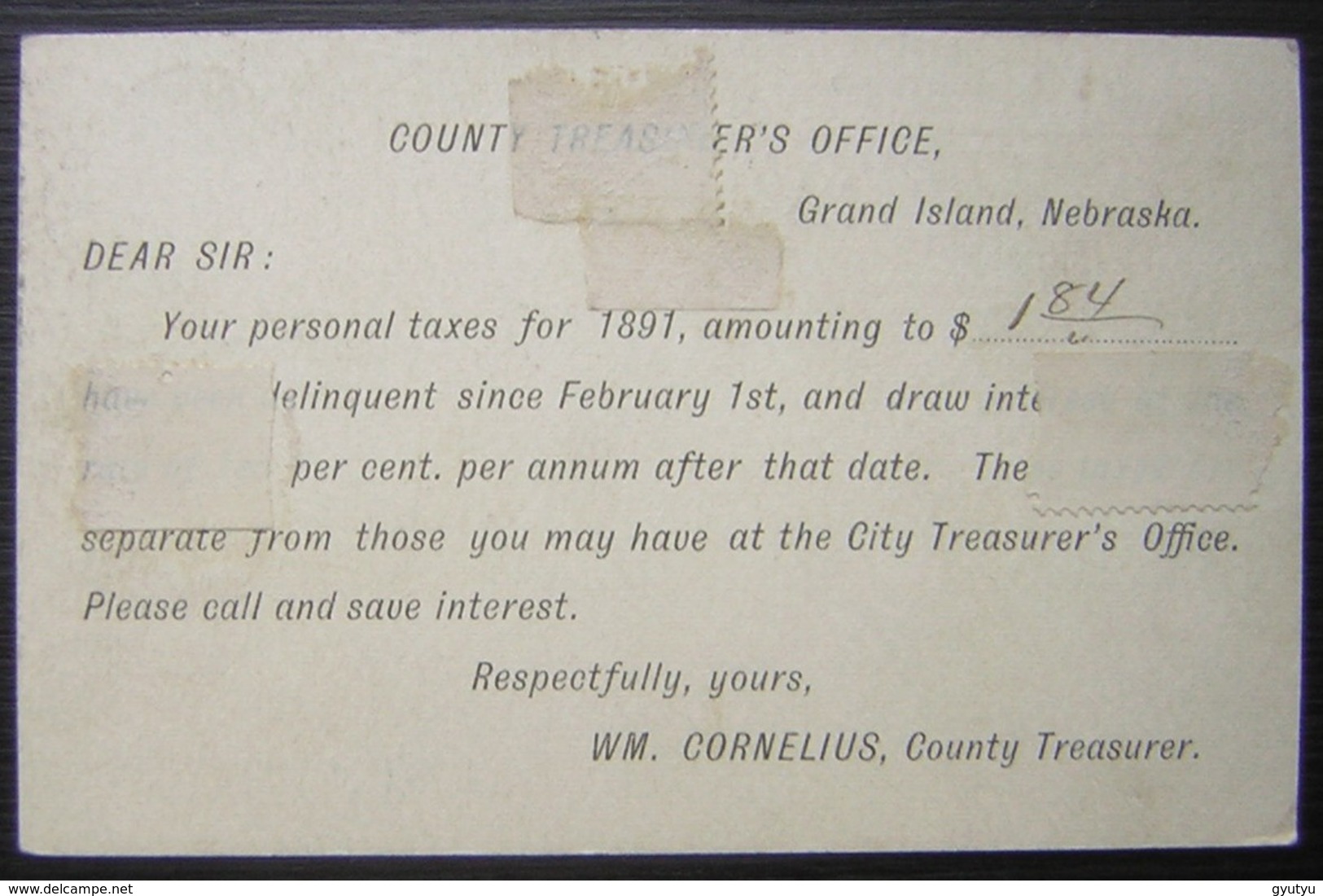 USA 1891 Bel Entier Postal Grand Island Nebraska WW Cornelius County Treasurer - Briefe U. Dokumente