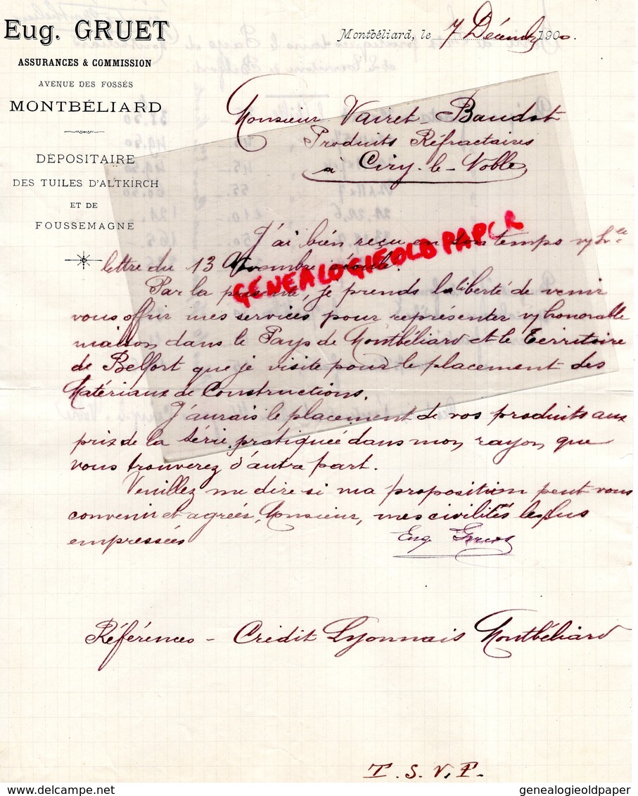 25- MONTBELIARD- RARE LETTRE MANUSCRITE SIGNEE EUGENE GRUET- ASSURANCES -AVENUE DES FOSSES- TUILES ALTKIRCH FOUSSEMAGNE- - Bank En Verzekering